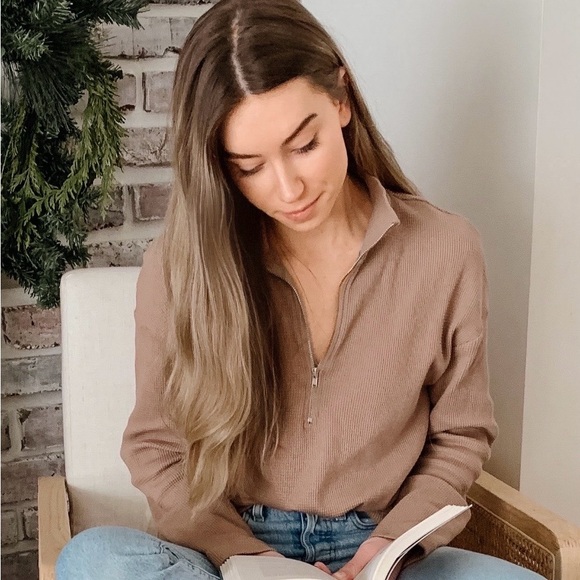 Reformation Tops - Reformation Women's Half-Zip Ribbed Pullover Top Slight Cropped Fit- Taupe